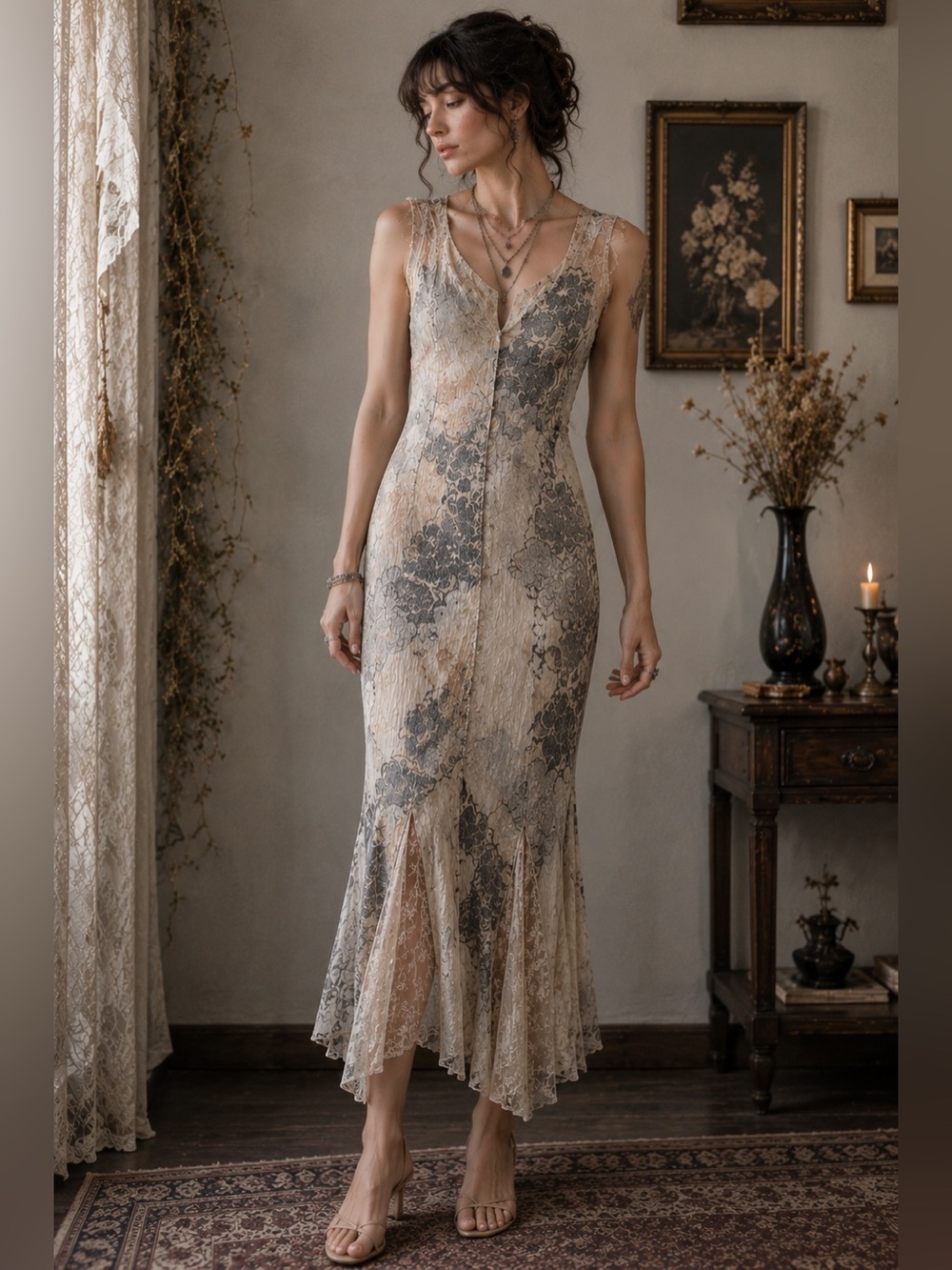 Komarov Floral Crinkle Maxi Dress S/M Whimsygoth Fairycore Lace